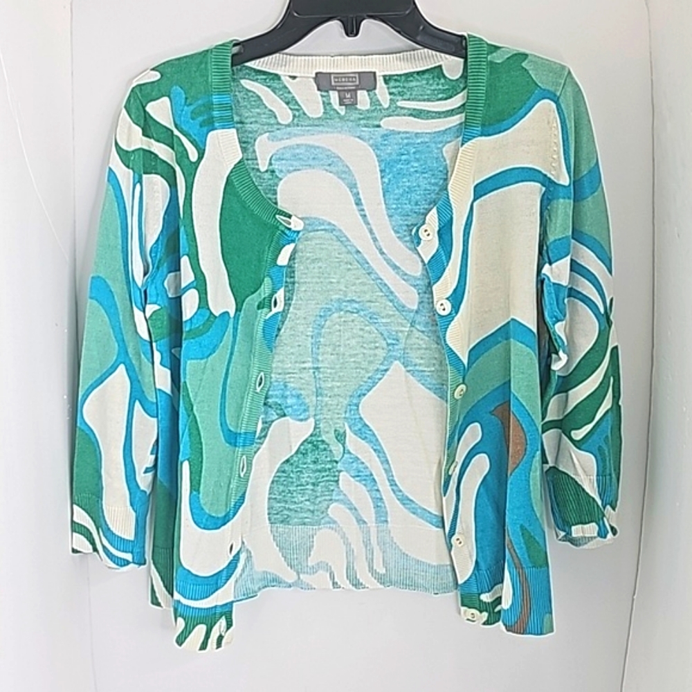 Merona Woman Cardigan, Size Medium, Color turquoise, white, green, brown - Picture 2 of 8